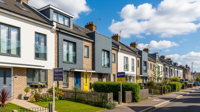 British terraced houses with sale boards on a sunny day