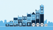 Property tax graphic with falling house roofline bars