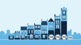 Property tax graphic with falling house roofline bars