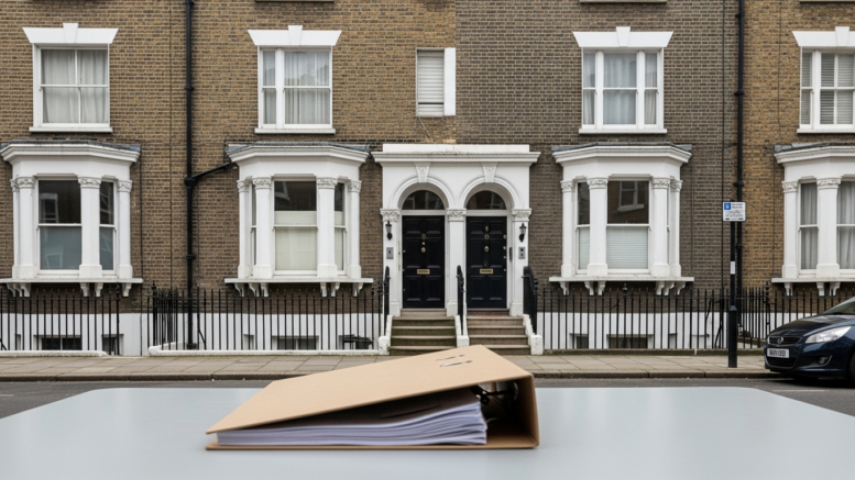 British townhouse with legal file in foreground
