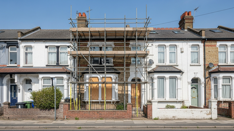 Vacant British house with scaffolding in daylight