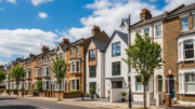 British suburban homes under bright blue sky
