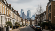British homes with London office towers in background