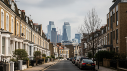 British homes with London office towers in background