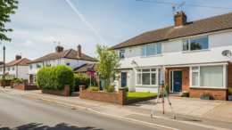 British rental house exterior with survey tripod