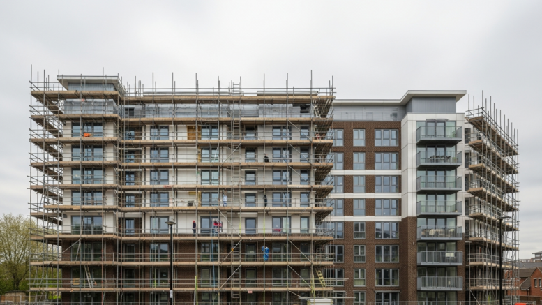 UK apartment block under cladding remediation works