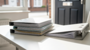 Rental paperwork files on a bright office desk