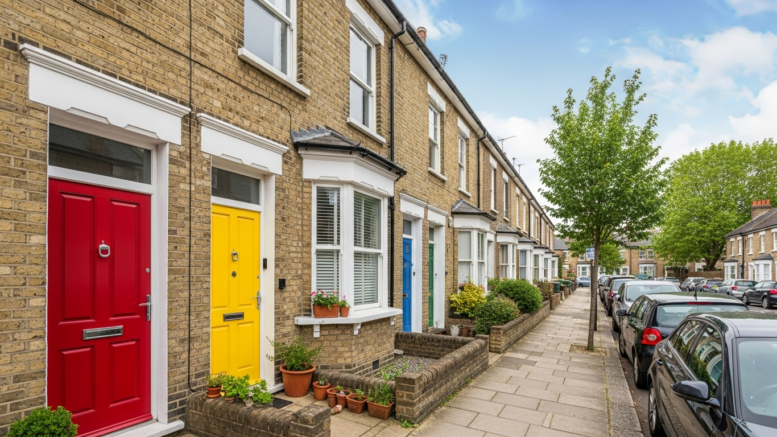British house-share exterior on a bright summer street