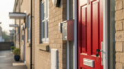 Red front door of British rental flat with key