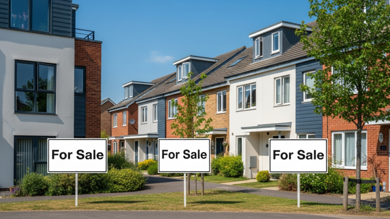 British rental homes and sale boards in summer light