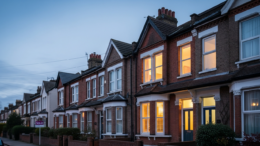 UK rental homes with lights on at dusk