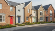 Row of varied modern British houses on a sunny street
