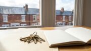 House keys and blank folder in a bright flat