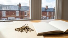 House keys and blank folder in a bright flat