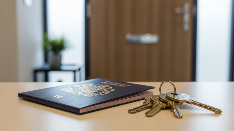 Passport-style booklet and house keys in UK rental flat