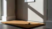 Closed rental flat door with key on mat