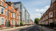 British student housing street with modern flats and terraces