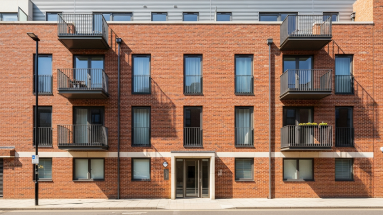 Modern apartment block on a bright British street