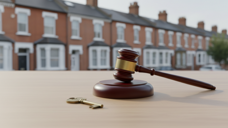 Auction gavel and house key on table