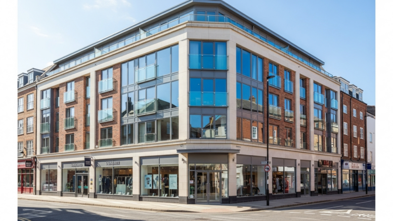 Mixed-use high street building with flats above shops