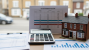 Mortgage review desk with house model and calculator