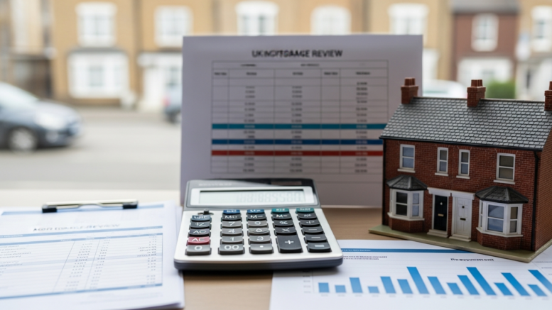 Mortgage review desk with house model and calculator