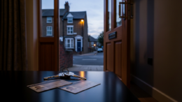 UK rental flat doorway with fraud warning scene