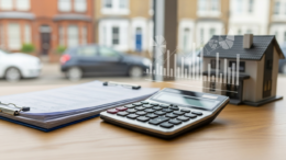 UK mortgage paperwork and house model on finance desk