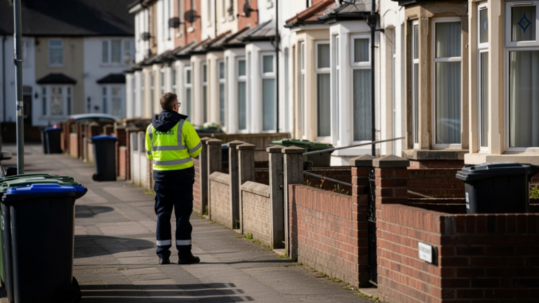 Housing inspector outside British terraced rentals