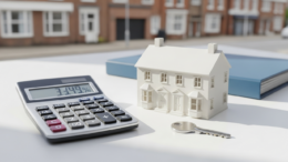 Calculator, key and house model on desk