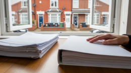 Landlord paperwork beside tenancy documents on UK desk