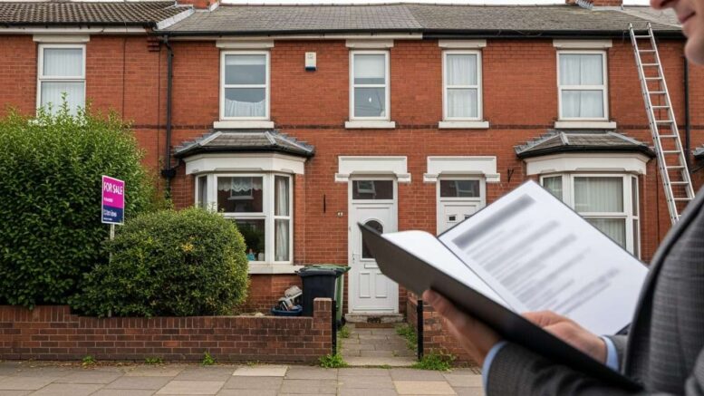 Man reviewing documents outside a terraced rental property