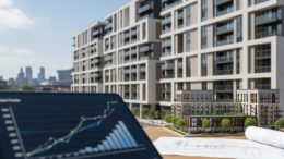 Modern UK build-to-rent apartment blocks in summer light