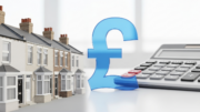Row of UK terraced houses with pound symbol