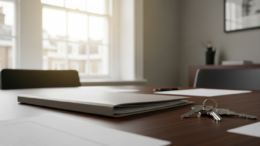Keys and folder on a UK meeting room table