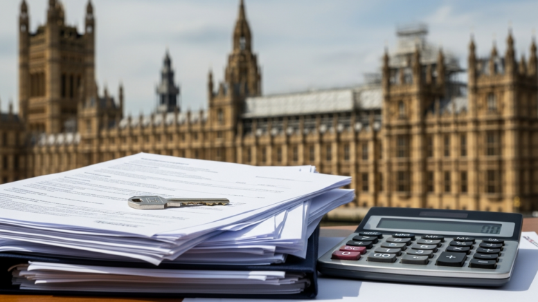 UK house purchase papers and calculator with Commons backdrop