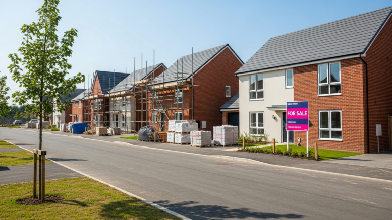 New-build homes under construction with For Sale board