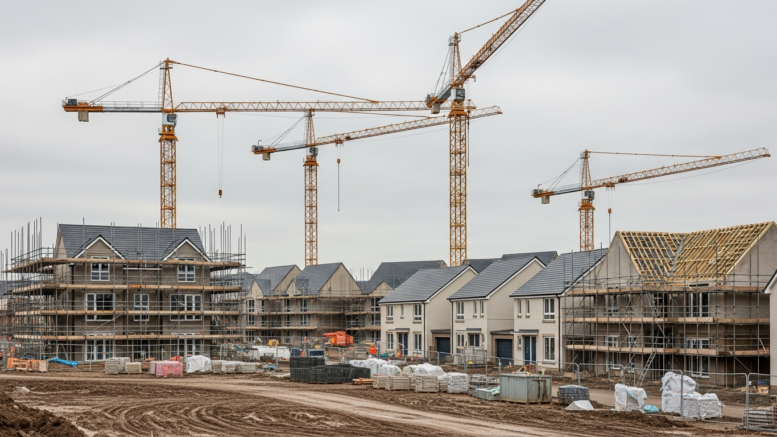 Scottish housing development with cranes under grey sky