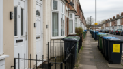 Slough terraced rentals with bins and multiple doorbells
