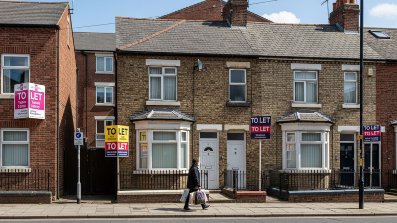 UK rental street with To Let boards and tenants