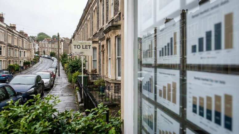 Bristol terrace street with To Let board and rent-market cues