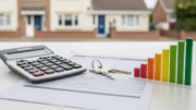Calculator, keys and energy bars in front of UK rental home