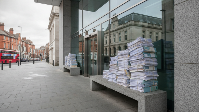 UK court building with case bundles outside