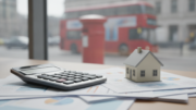 UK tax papers and calculator beside house model