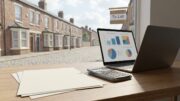 UK landlord bookkeeping desk with blurred digital records
