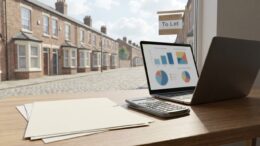 UK landlord bookkeeping desk with blurred digital records