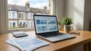 Laptop, calculator and blurred digital tax records