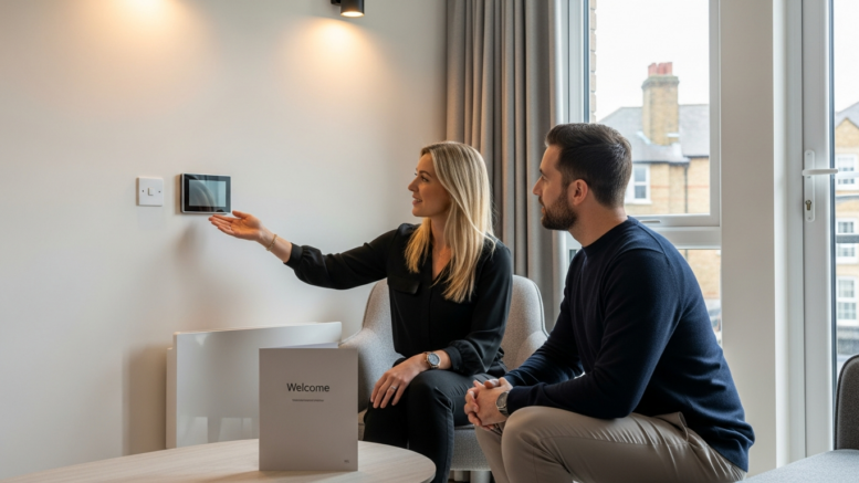 Letting agent explaining controls in a low-energy flat