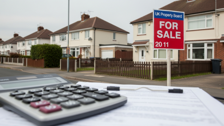 UK homes with For Sale board and finance paperwork