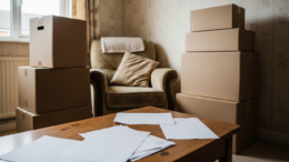 Rental living room with boxes and plain papers